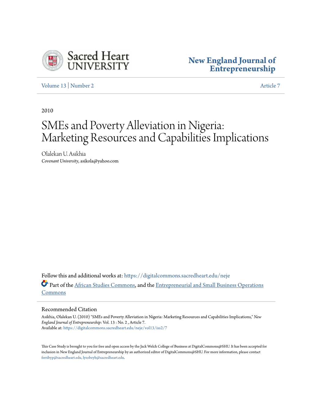 Smes and Poverty Alleviation in Nigeria: Marketing Resources and Capabilities Implications Olalekan U