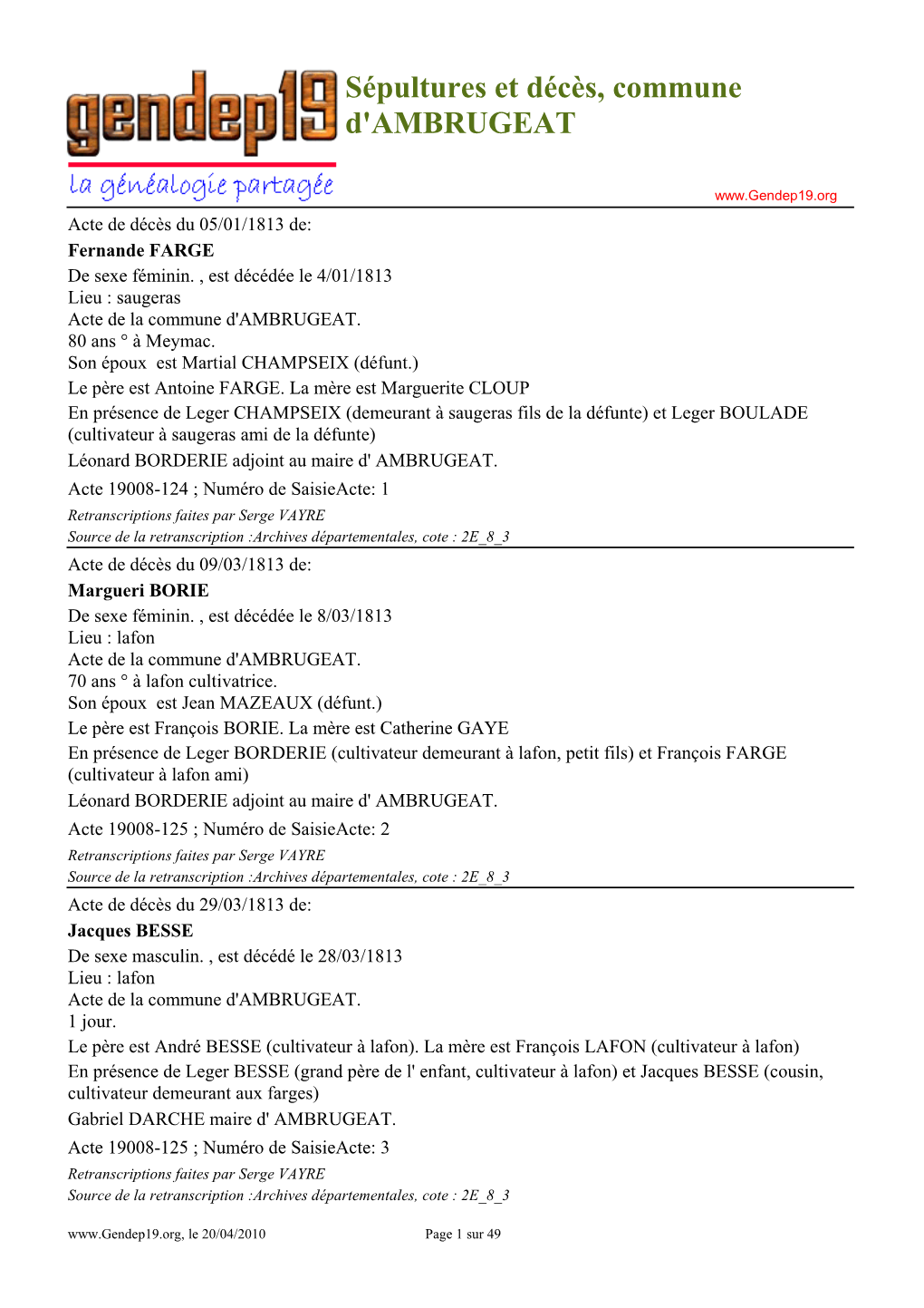 Sépultures Et Décès, Commune D'ambrugeat