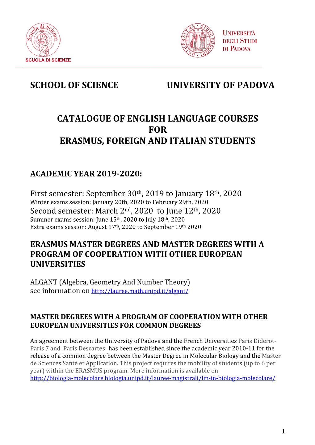 School of Science University of Padova Catalogue Of