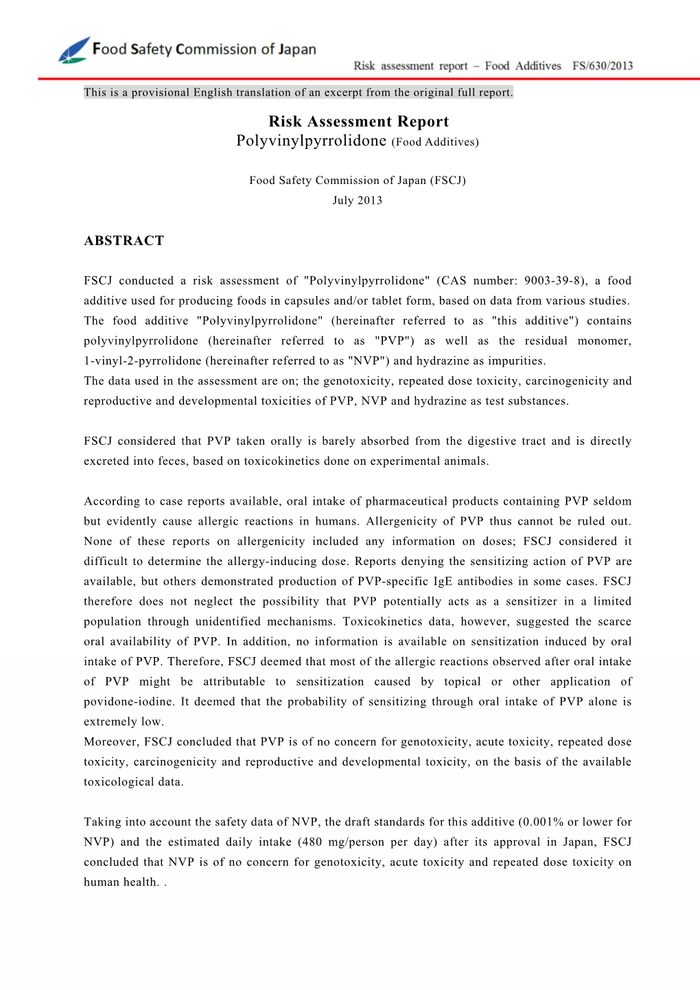 Risk Assessment Report Polyvinylpyrrolidone (Food Additives)