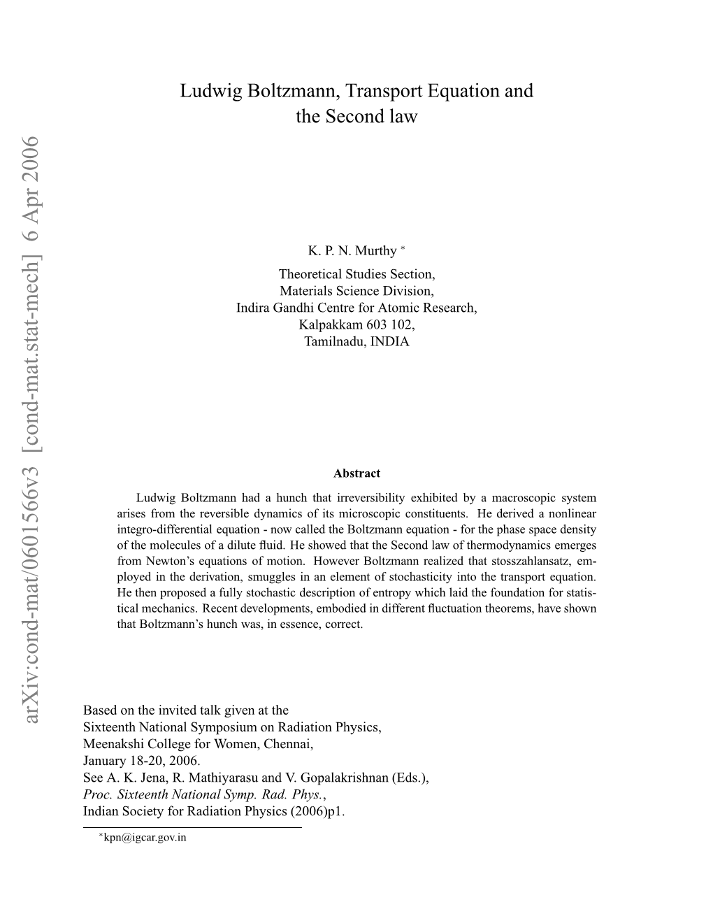 Ludwig Boltzmann, Transport Equation and the Second