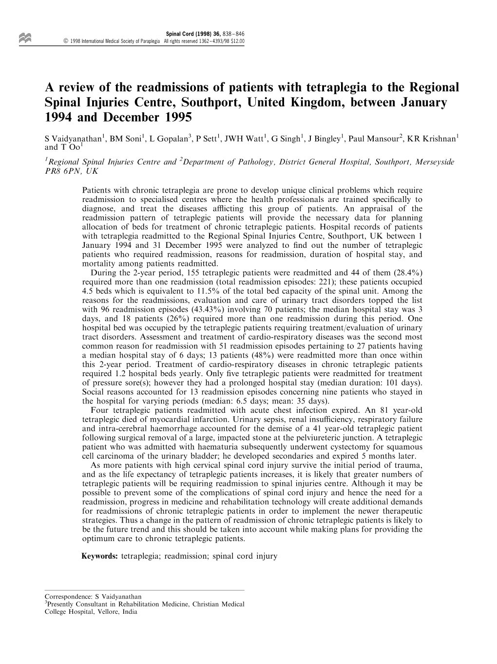 Spinal Cord (1998) 36, 838 ± 846 Ã 1998 International Medical Society of Paraplegia All Rights Reserved 1362 ± 4393/98 $12.00