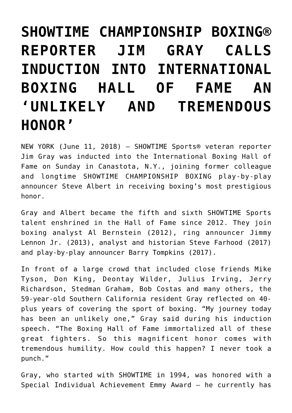 Showtime Championship Boxing® Reporter Jim Gray Calls Induction Into International Boxing Hall of Fame an ‘Unlikely and Tremendous Honor’