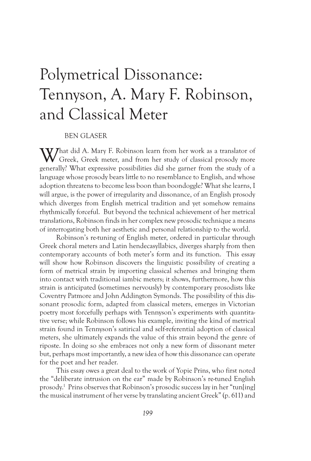 Tennyson, A. Mary F. Robinson, and Classical Meter