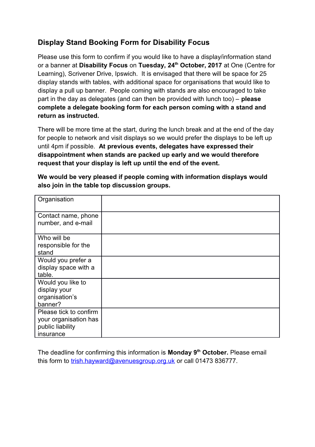 Display Stand Booking Form for Disability Focus