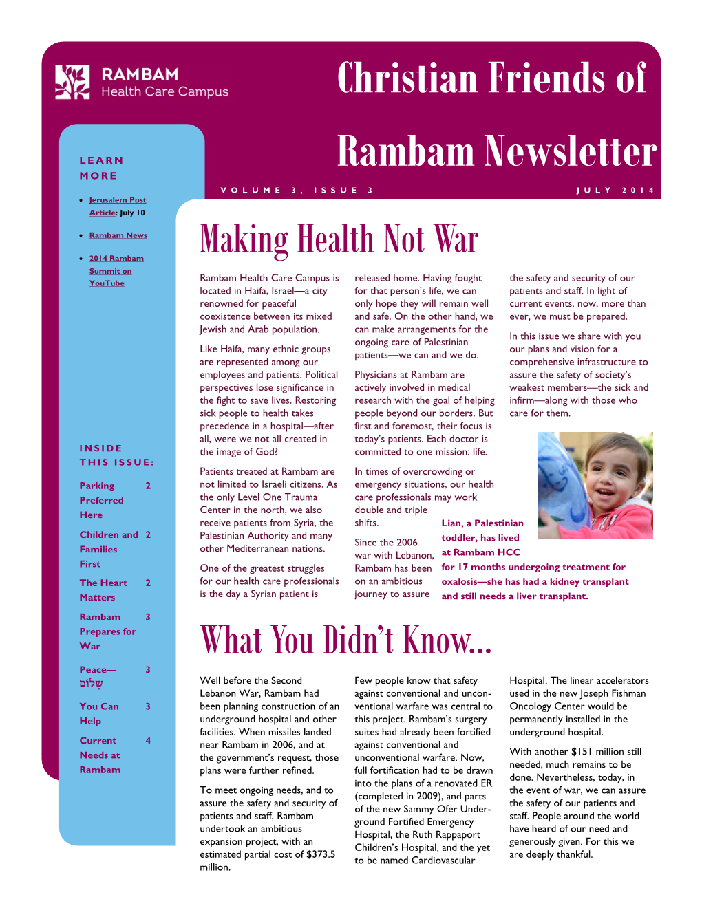 Christian Friends of Rambam Newsletter | July 2014 | Volume 3