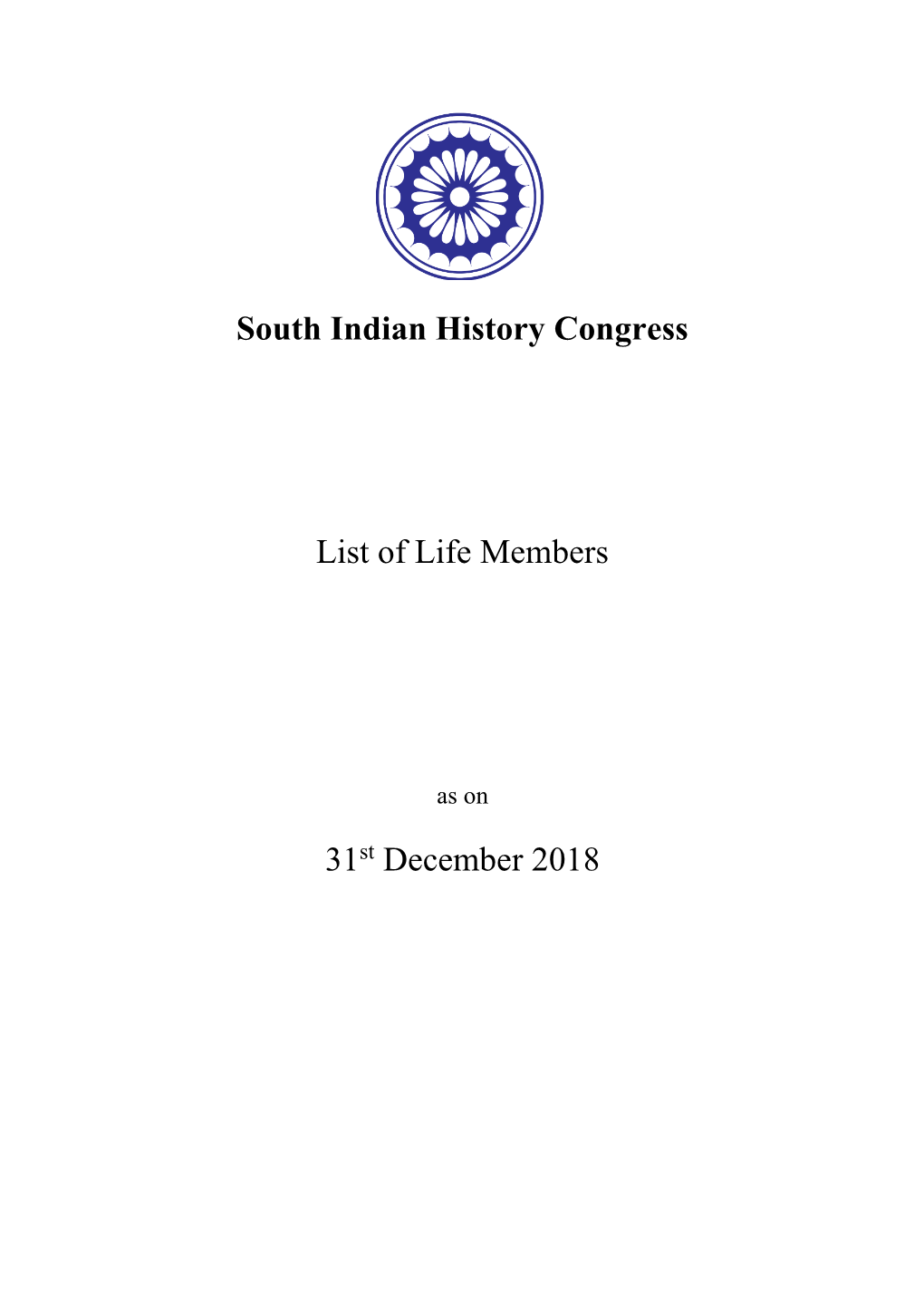 South Indian History Congress List of Life Members 31St December 2018