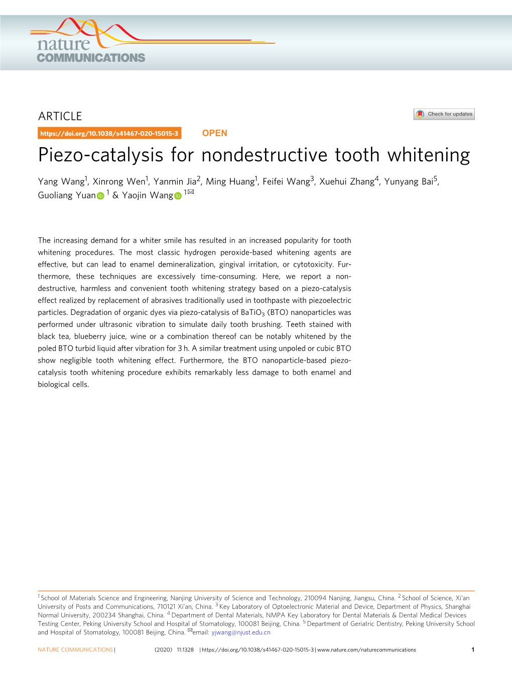Piezo-Catalysis for Nondestructive Tooth Whitening