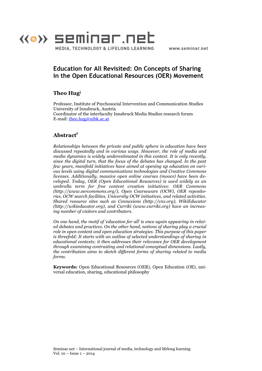 Education for All Revisited: on Concepts of Sharing in the Open Educational Resources (OER) Movement