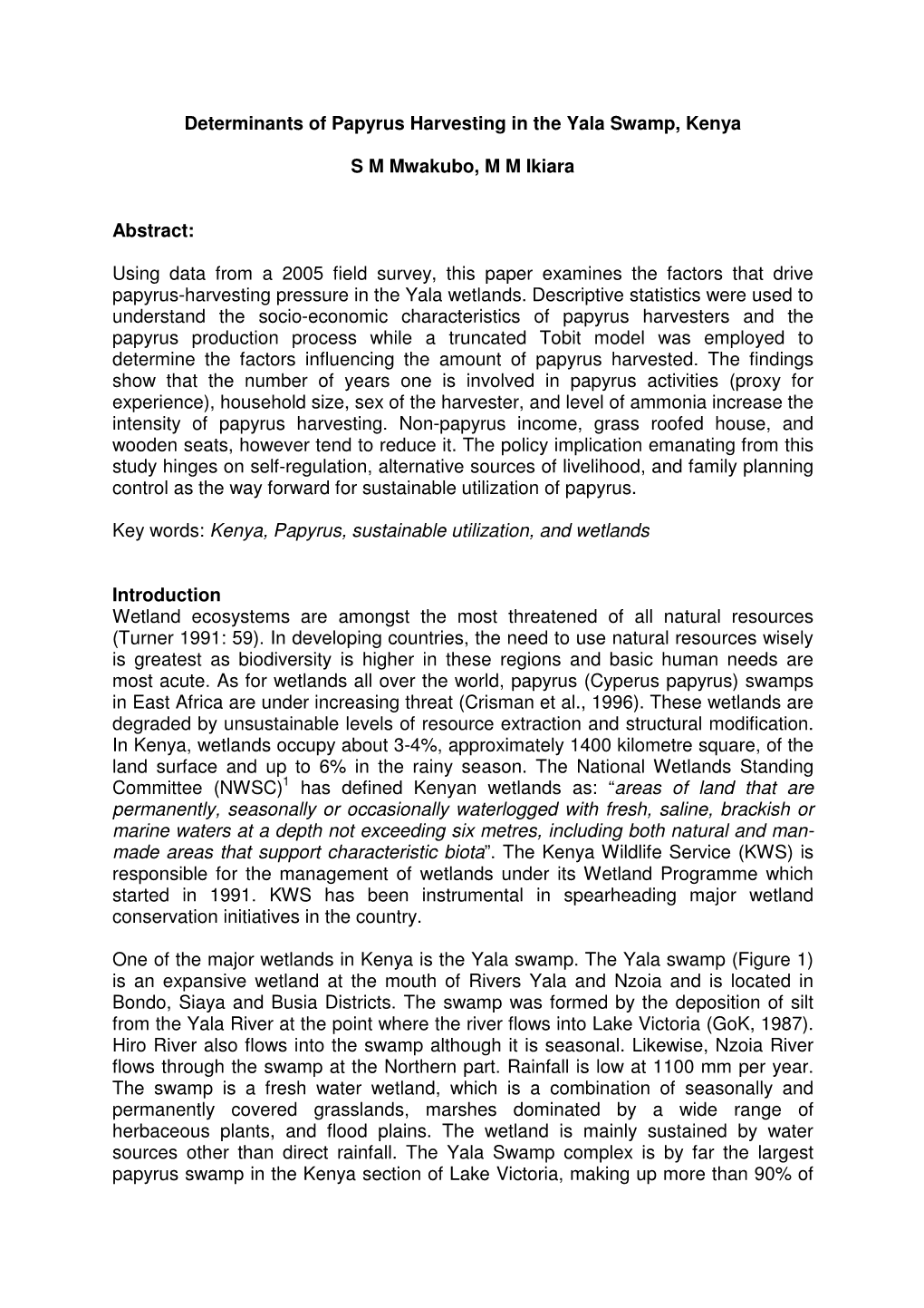 Determinants of Papyrus Harvesting in the Yala Swamp, Kenya