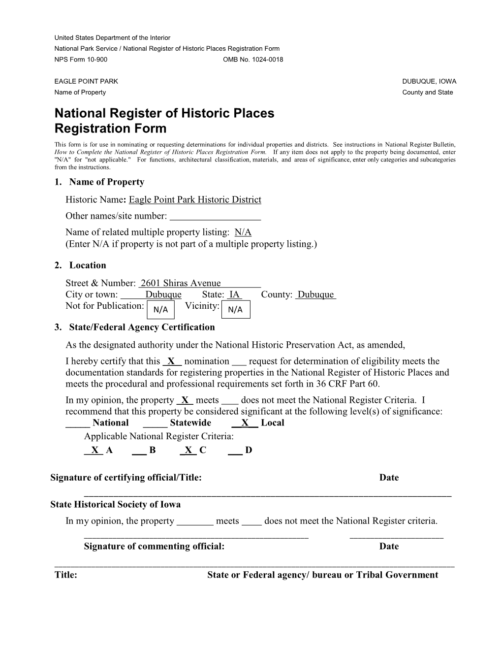 National Register of Historic Places Registration Form NPS Form 10-900 OMB No