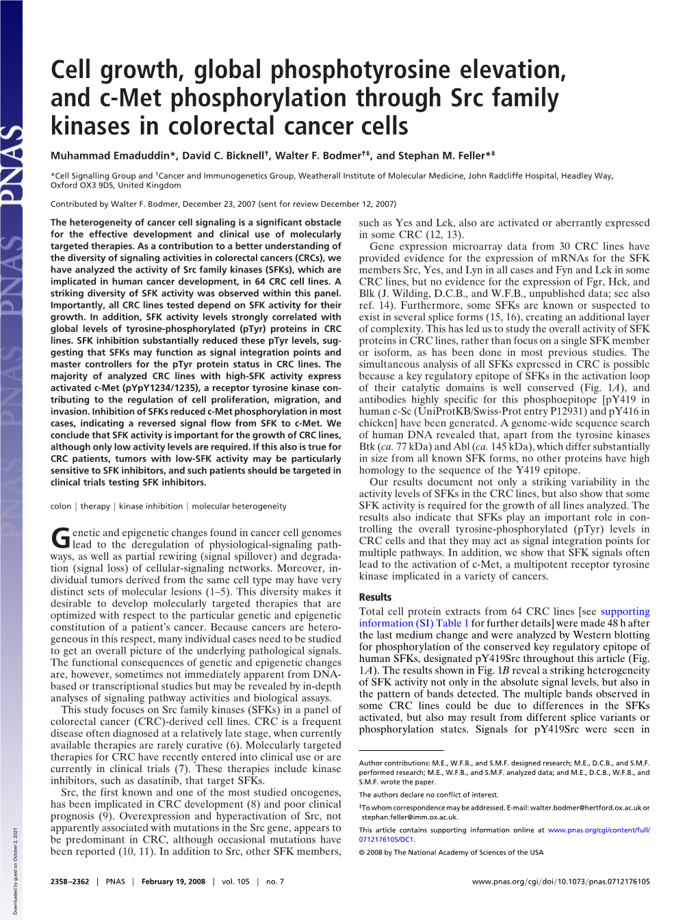 Cell Growth, Global Phosphotyrosine Elevation, and C-Met Phosphorylation Through Src Family Kinases in Colorectal Cancer Cells