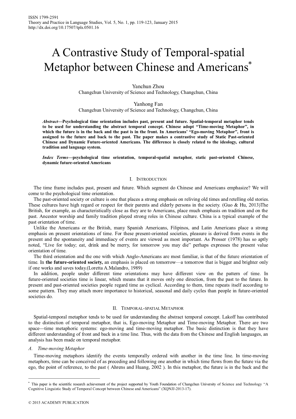 A Contrastive Study of Temporal-Spatial Metaphor Between Chinese and Americans