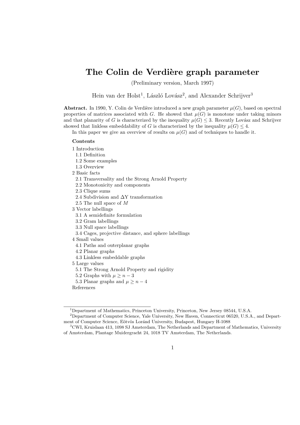 The Colin De Verdi`Ere Graph Parameter (Preliminary Version, March 1997)