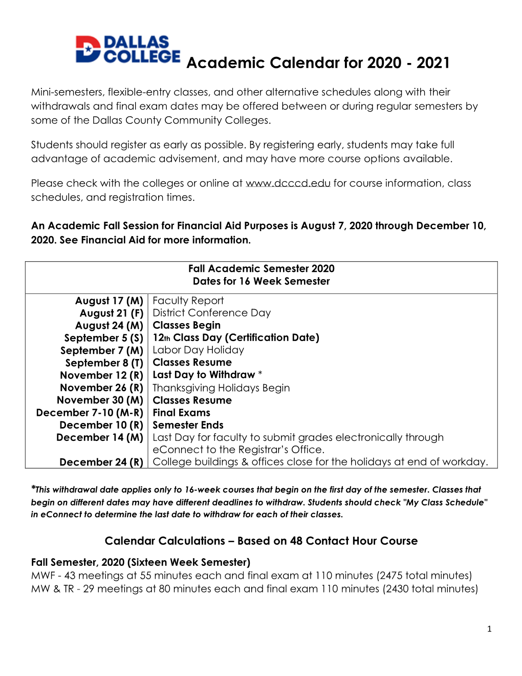 Academic Calendar for 2020 - 2021