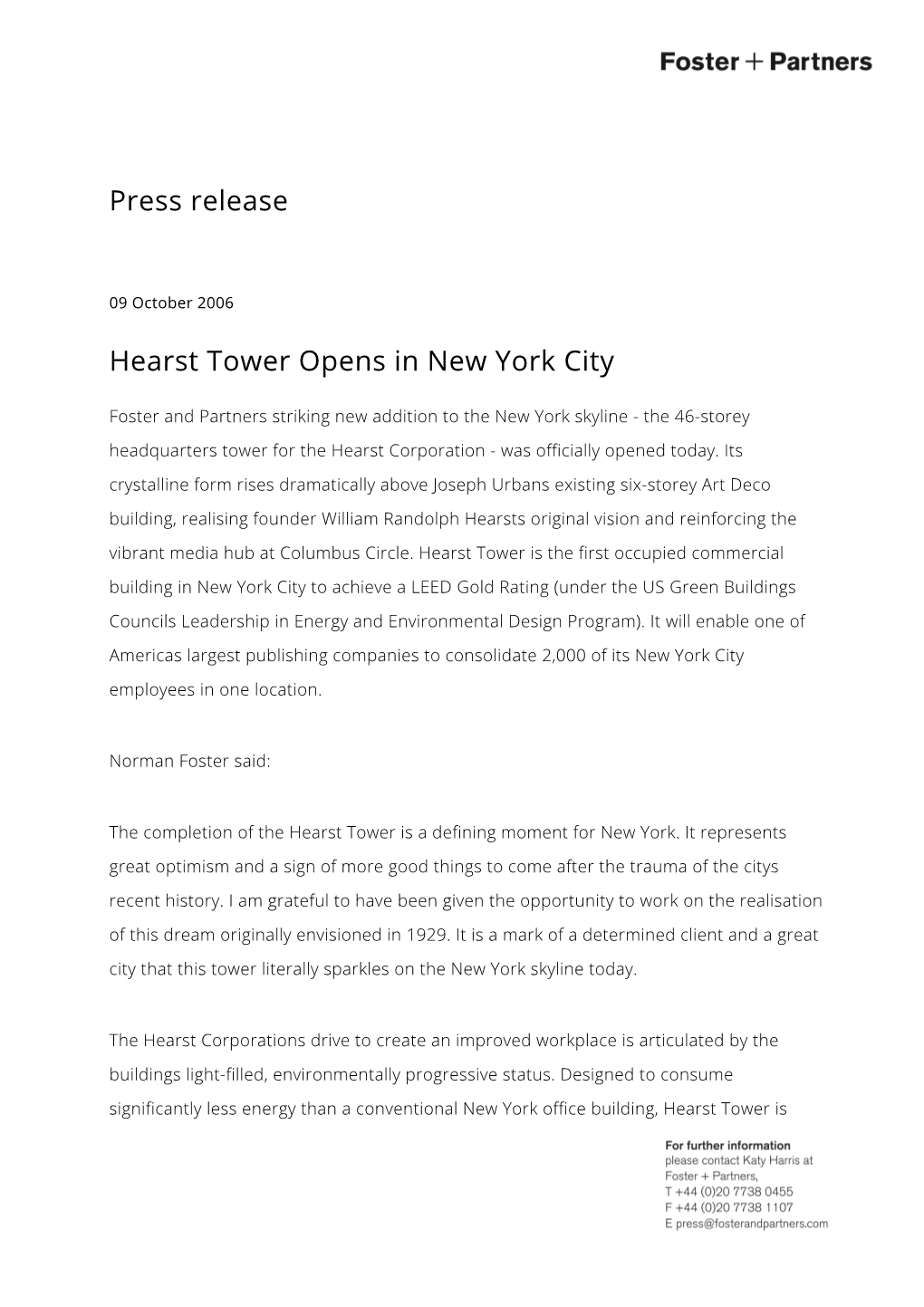 Press Release Hearst Tower Opens in New York City