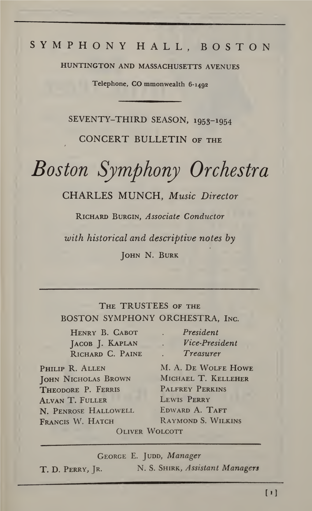 Boston Symphony Orchestra Concert Programs, Season 73, 1953