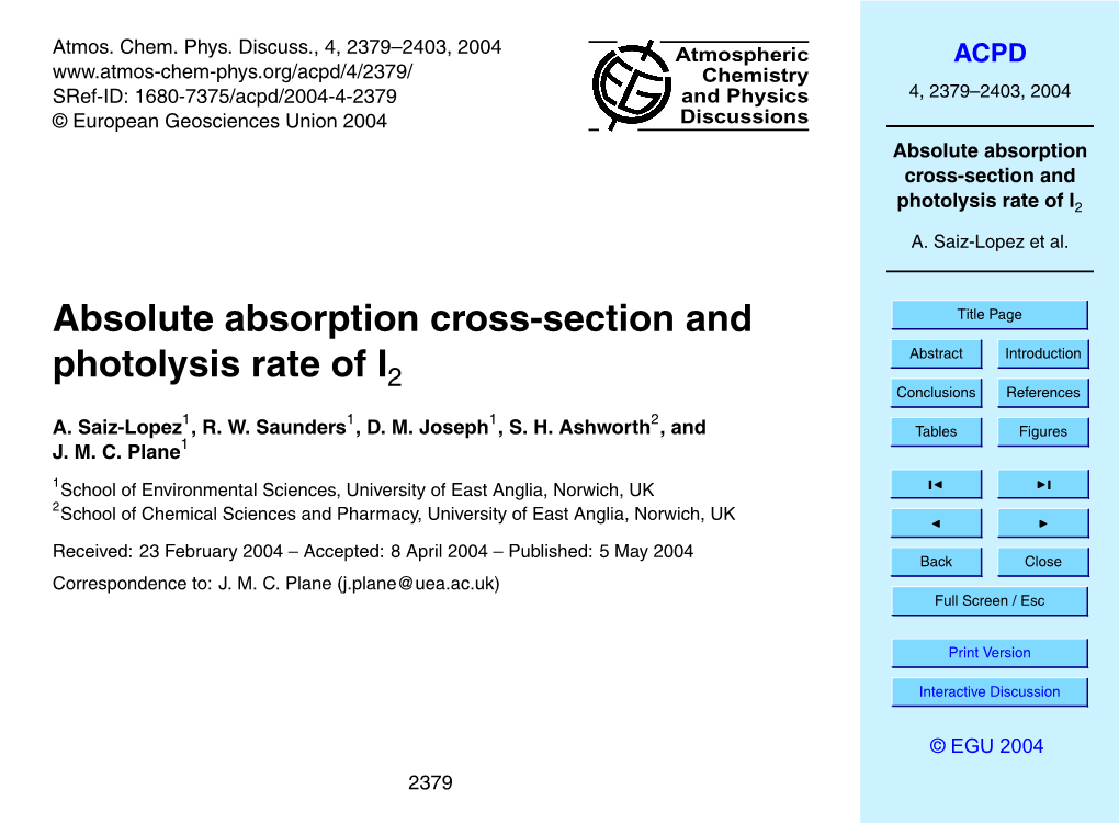 Absolute Absorption Cross-Section and Photolysis Rate of I2