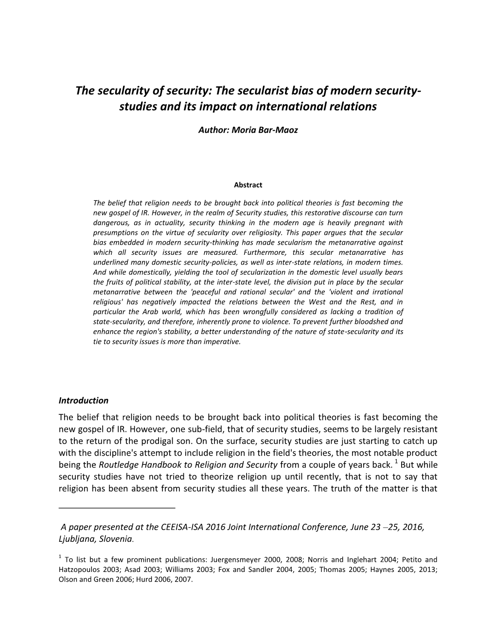 The Secularist Bias of Modern Security- Studies and Its Impact on International Relations