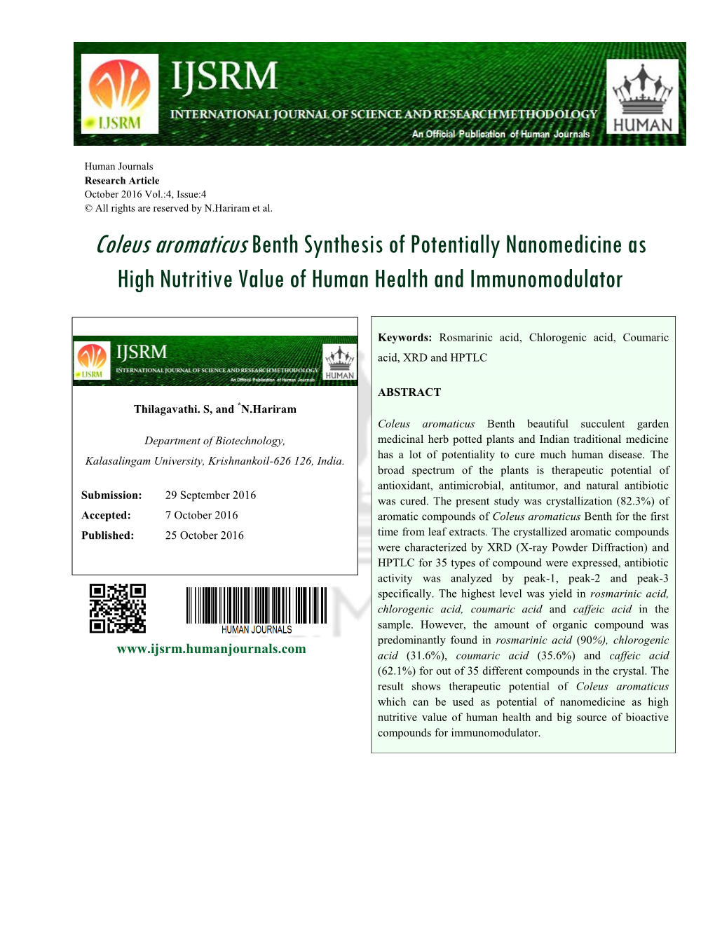 Coleus Aromaticus Benth Synthesis of Potentially Nanomedicine As High Nutritive Value of Human Health and Immunomodulator