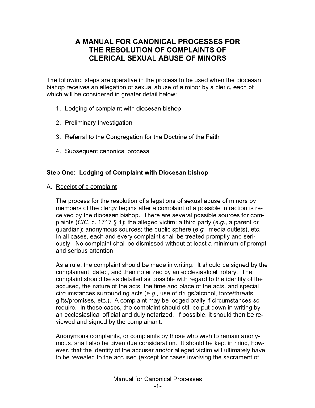 A Manual for Canonical Processes for the Resolution of Complaints of Clerical Sexual Abuse of Minors