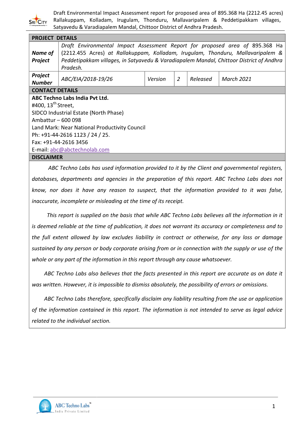 1 PROJECT DETAILS Name of Project Draft Environmental Impact