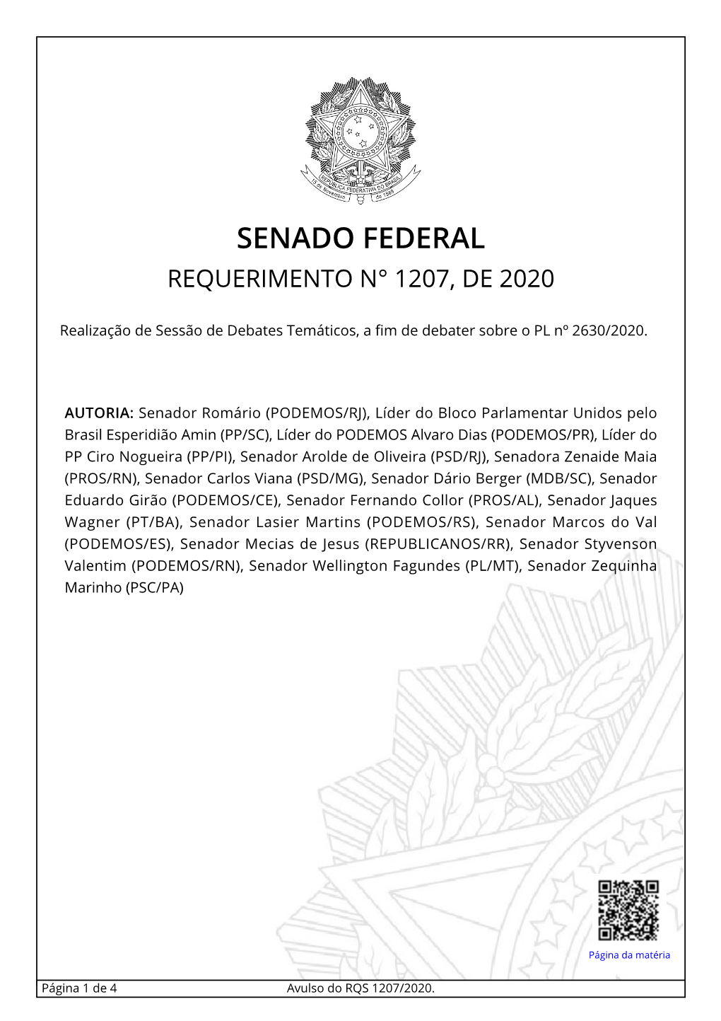 Senado Federal Requerimento N° 1207, De 2020