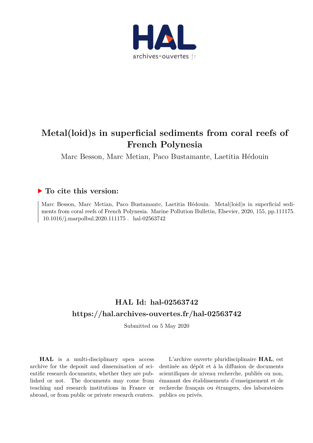 S in Superficial Sediments from Coral Reefs of French Polynesia Marc Besson, Marc Metian, Paco Bustamante, Laetitia Hédouin