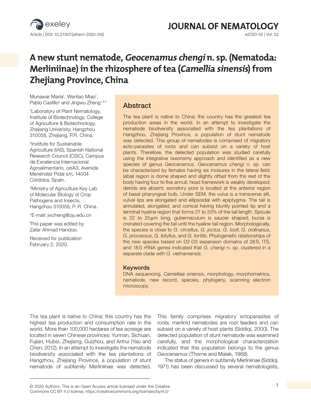 JOURNAL of NEMATOLOGY a New Stunt Nematode, Geocenamus