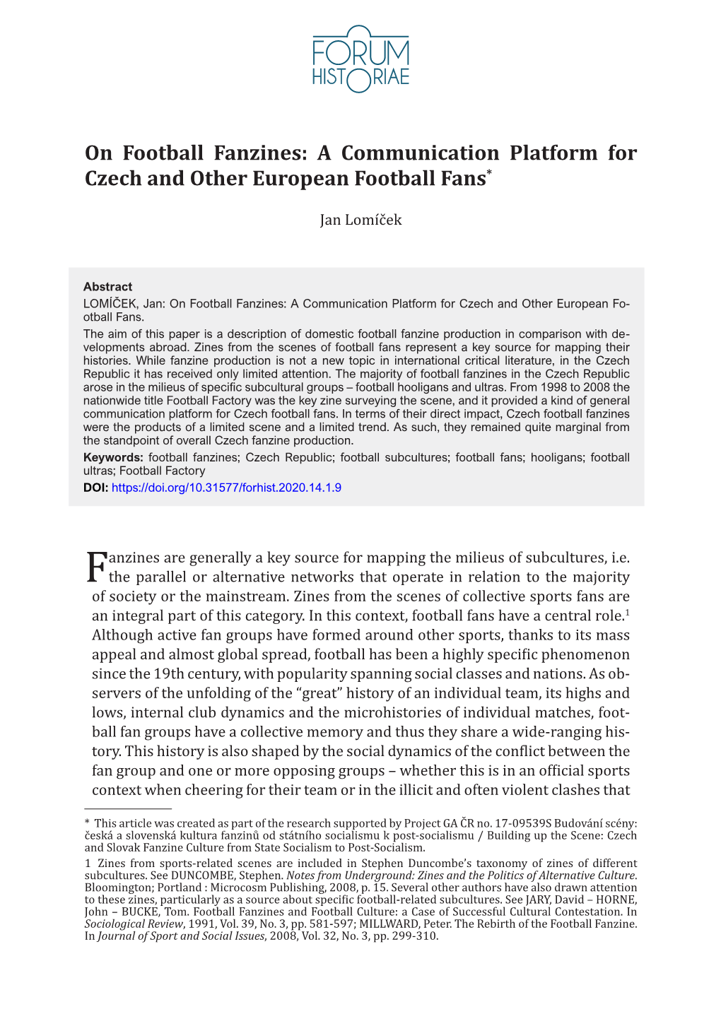 On Football Fanzines: a Communication Platform for Czech and Other European Football Fans*