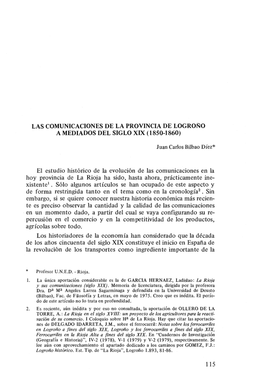 Las Comunicaciones De La Provincia De Logroño a Mediados Del Siglo Xix (1850-1860)