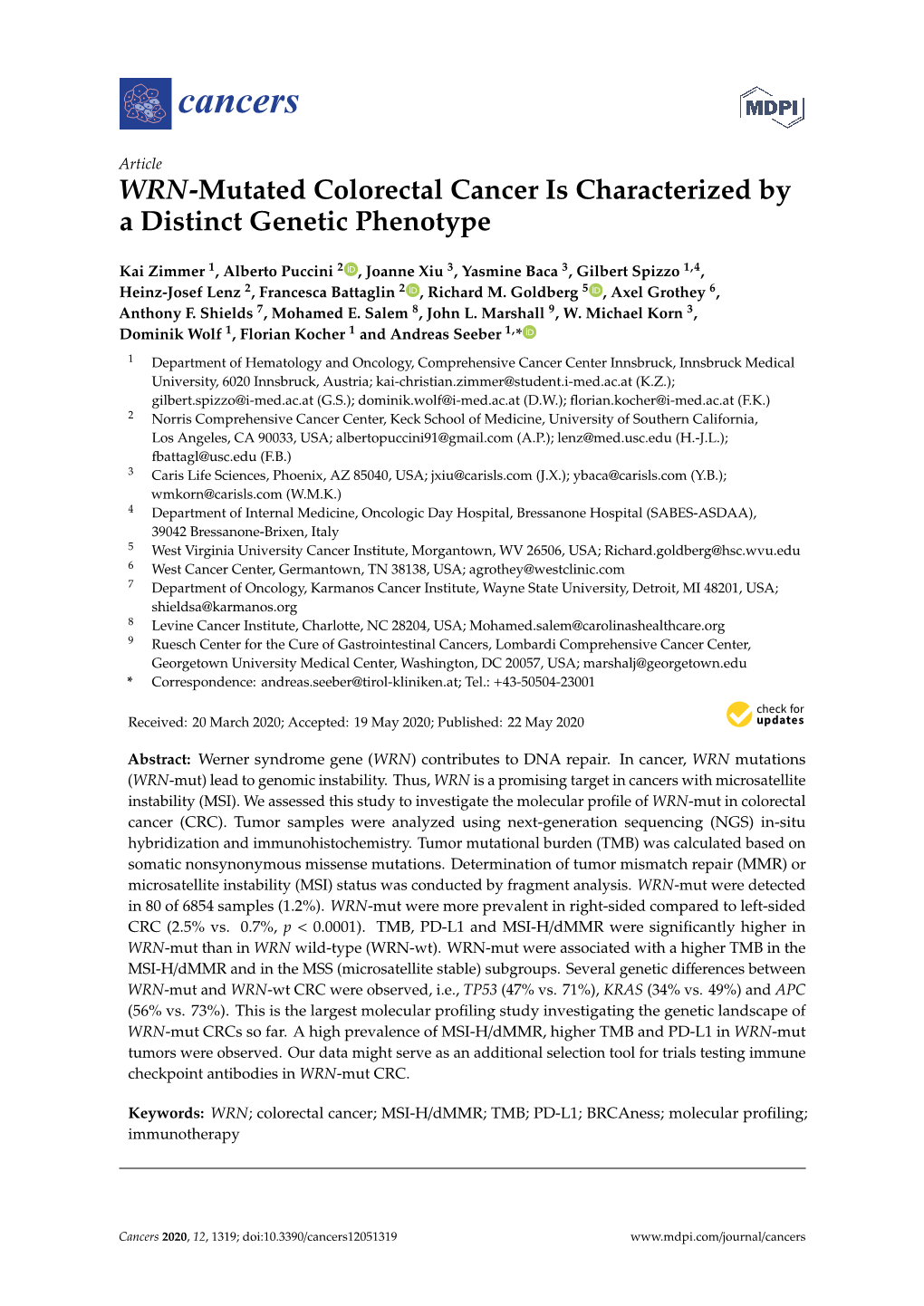 WRN-Mutated Colorectal Cancer Is Characterized by a Distinct Genetic Phenotype