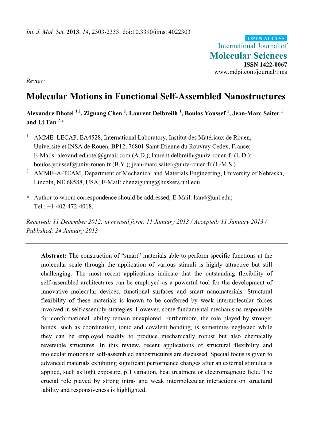 Molecular Motions in Functional Self-Assembled Nanostructures