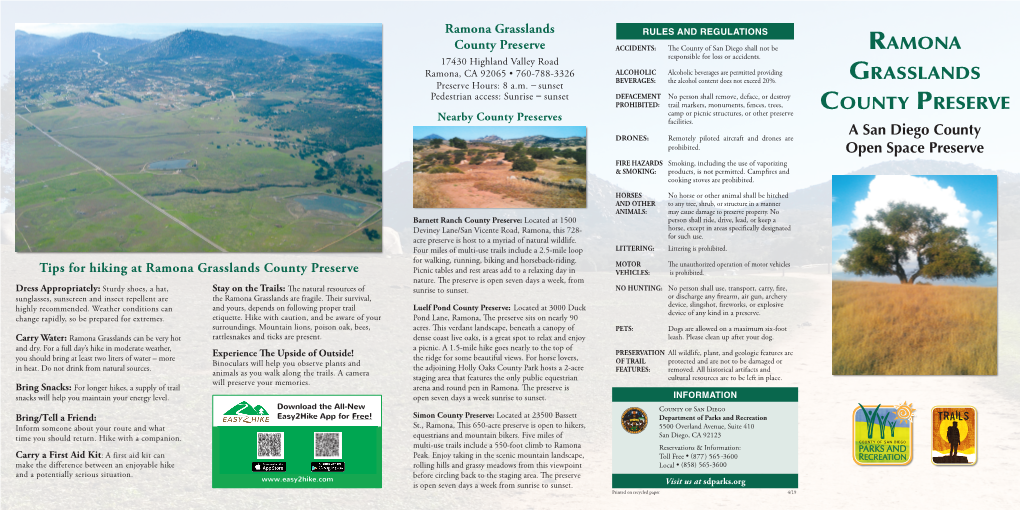 Ramona Grasslands County Preserve Picnic Tables and Rest Areas Add to a Relaxing Day in VEHICLES: Is Prohibited