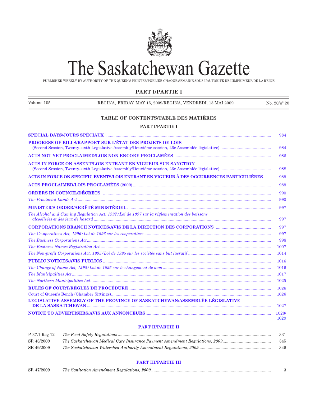 Sask Gazette, Part I, May 15, 2009