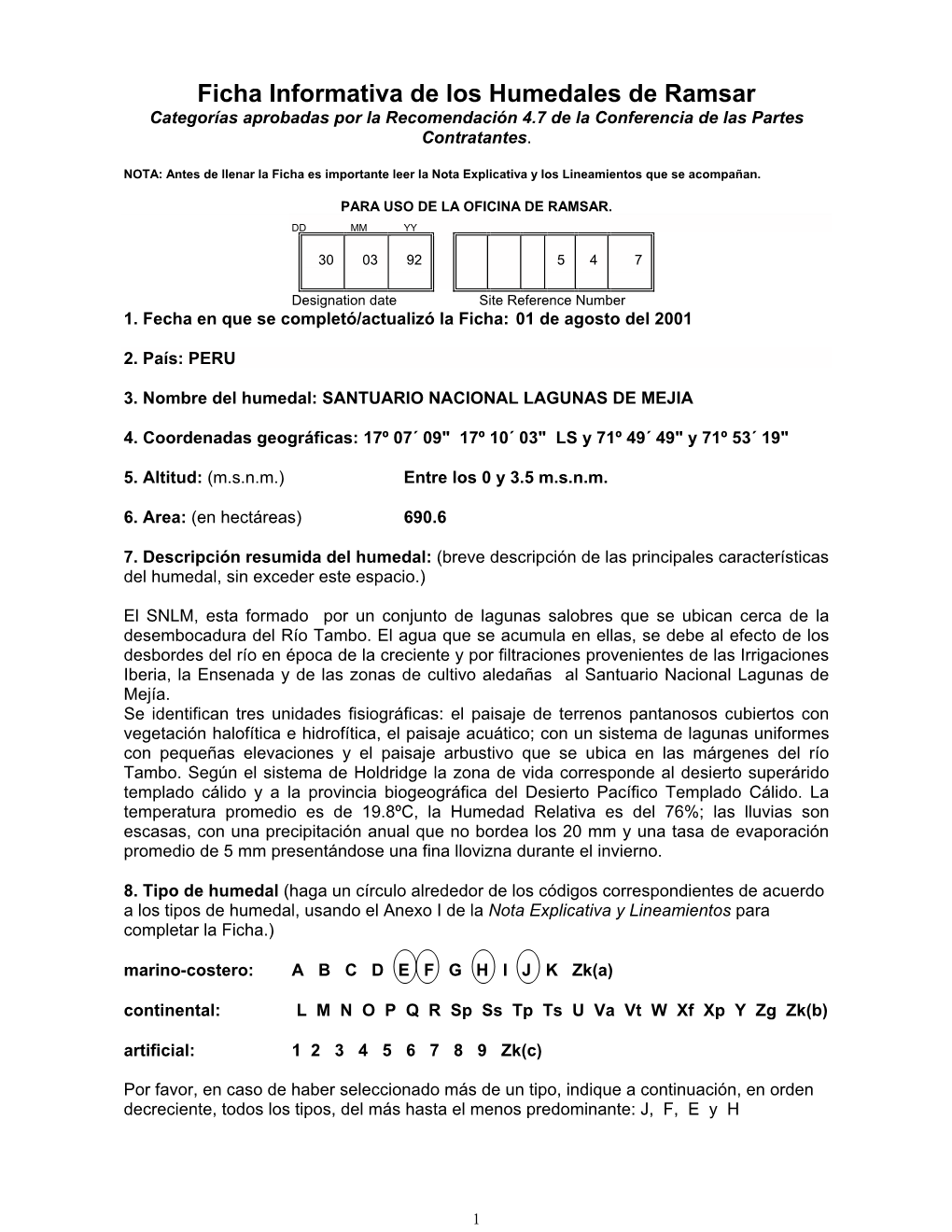 Ficha Informativa De Los Humedales De Ramsar Categorías Aprobadas Por La Recomendación 4.7 De La Conferencia De Las Partes Contratantes