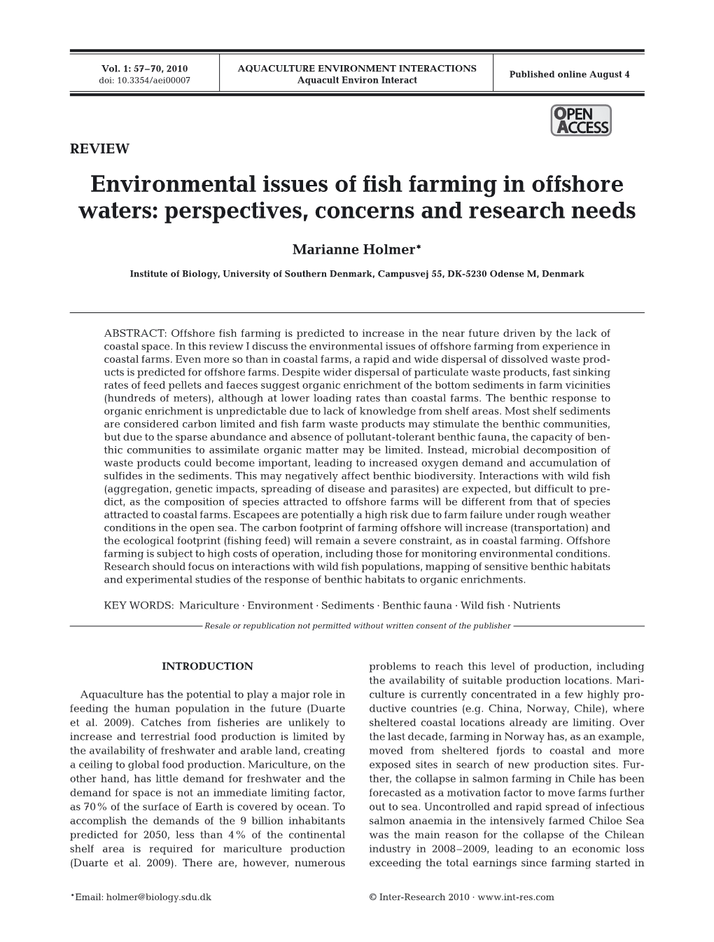 Environmental Issues of Fish Farming in Offshore Waters: Perspectives, Concerns and Research Needs