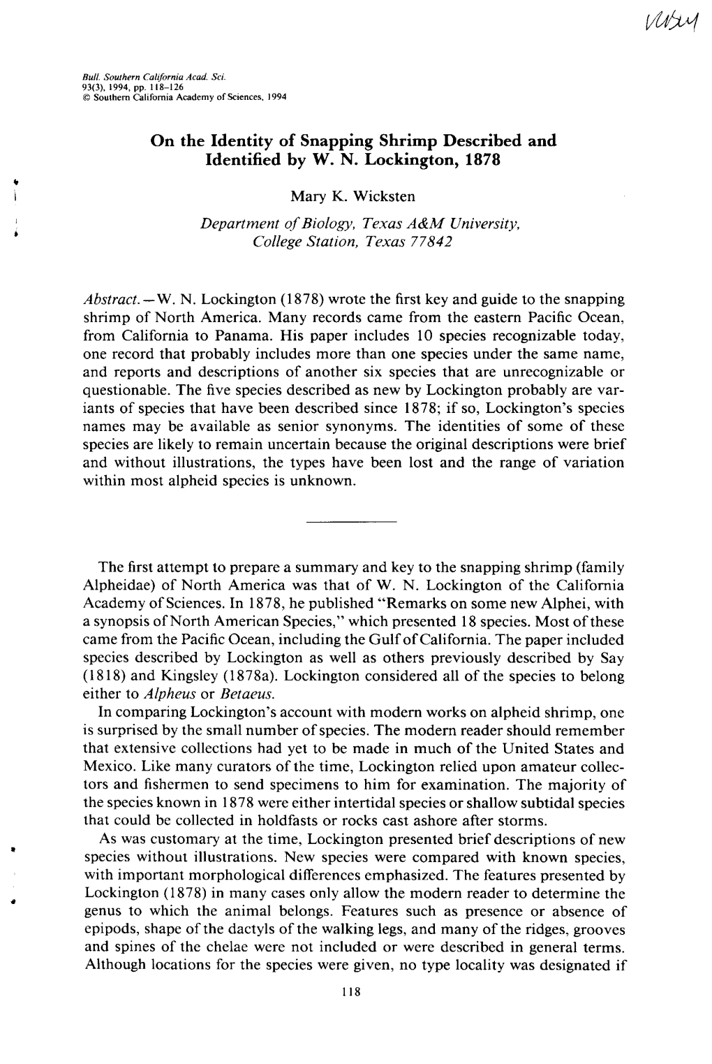 On the Identity of Snapping Shrimp Described and Identified by W. N. Lockington, 1878