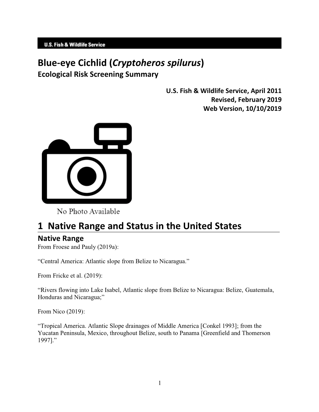 Blue-Eye Cichlid (Cryptoheros Spilurus) Ecological Risk Screening Summary