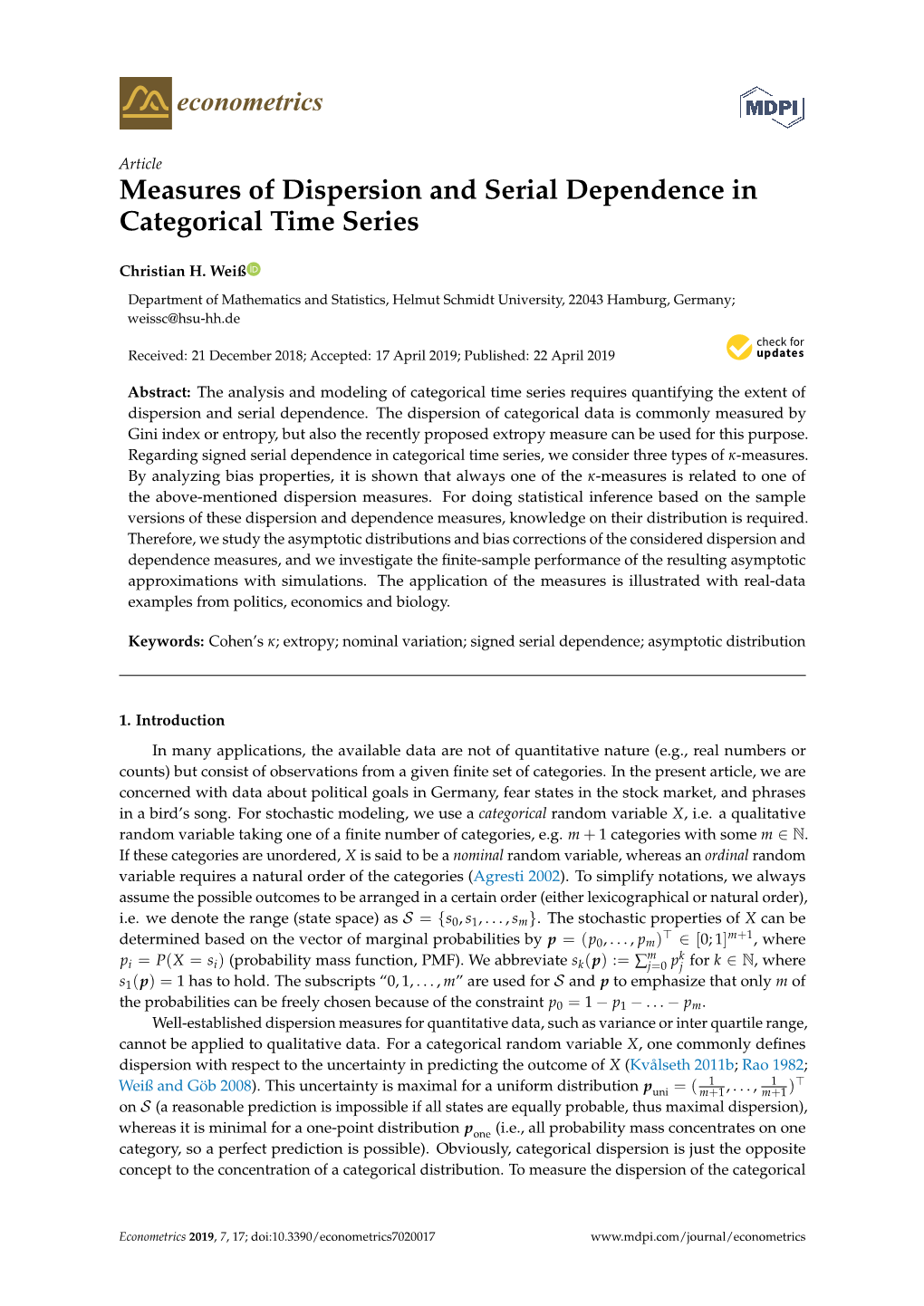 Measures of Dispersion and Serial Dependence in Categorical Time Series