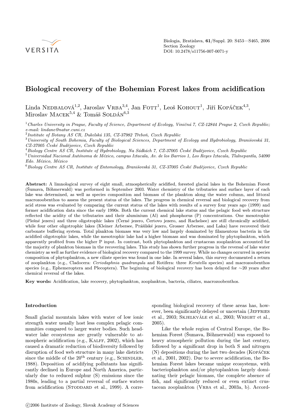 Biological Recovery of the Bohemian Forest Lakes from Acidification