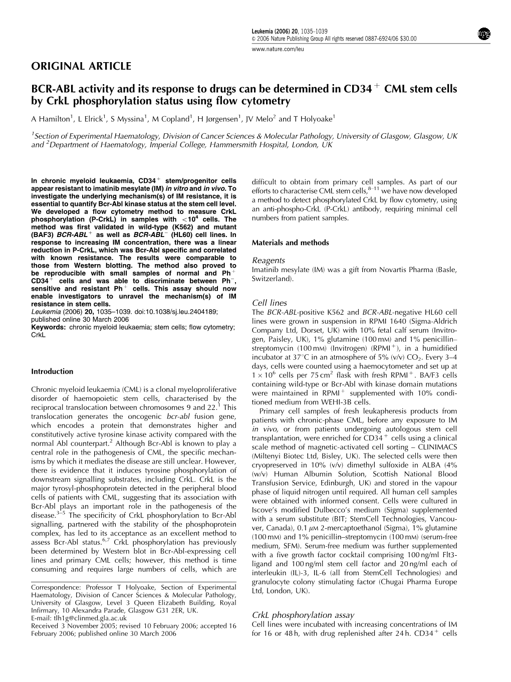 ORIGINAL ARTICLE BCR-ABL Activity and Its Response to Drugs