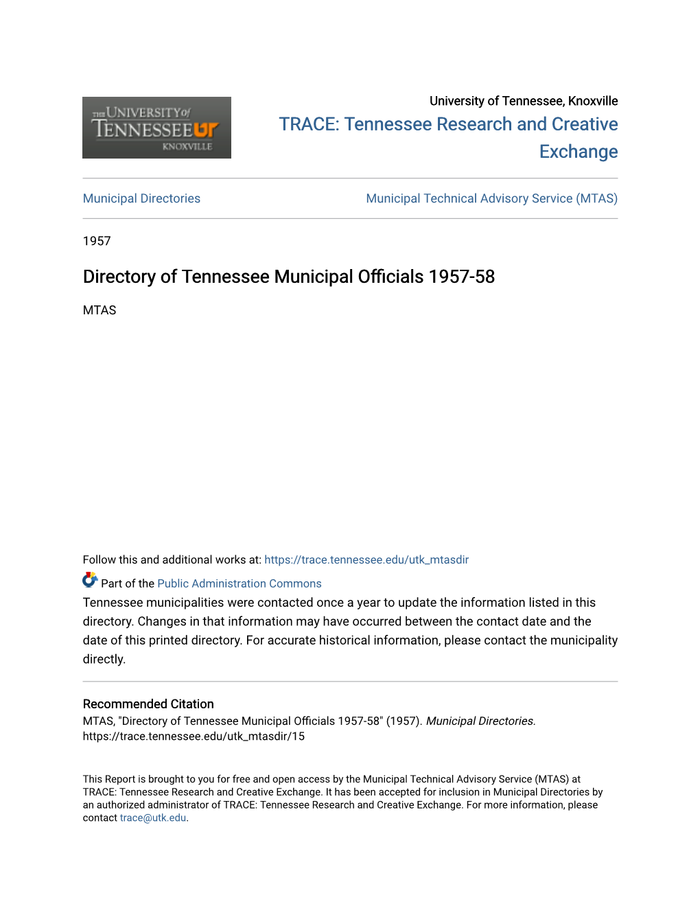 Directory of Tennessee Municipal Officials 1957-58