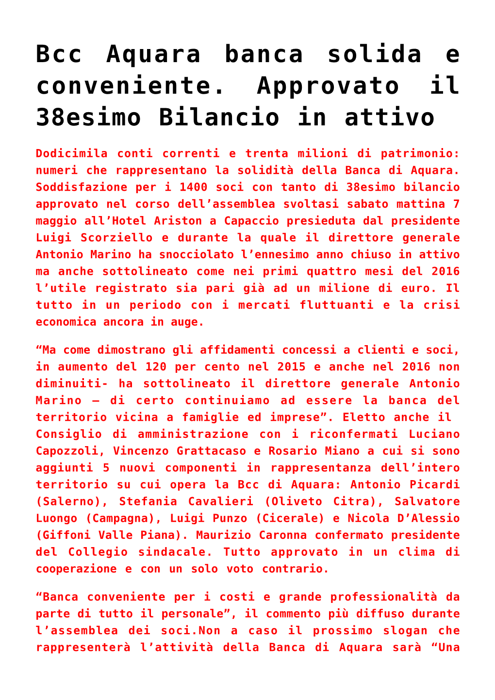 Bcc Aquara Banca Solida E Conveniente. Approvato Il 38Esimo Bilancio in Attivo