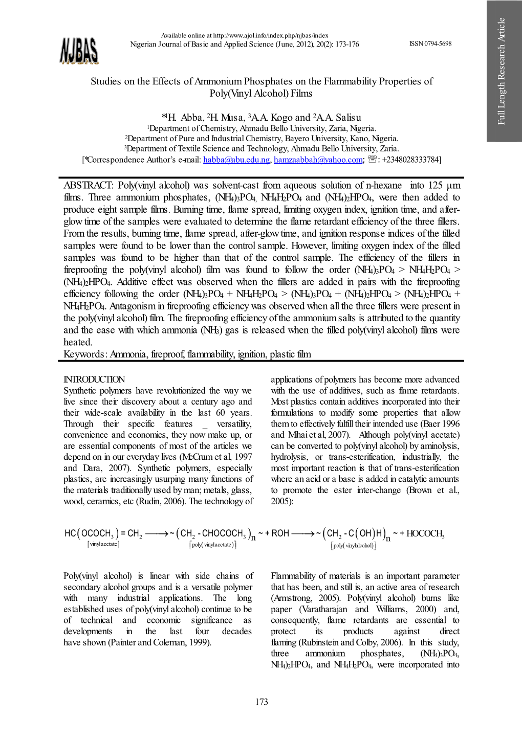 Studies on the Effects of Ammonium Phosphates on the Flammability Properties of Poly(Vinyl Alcohol) Films