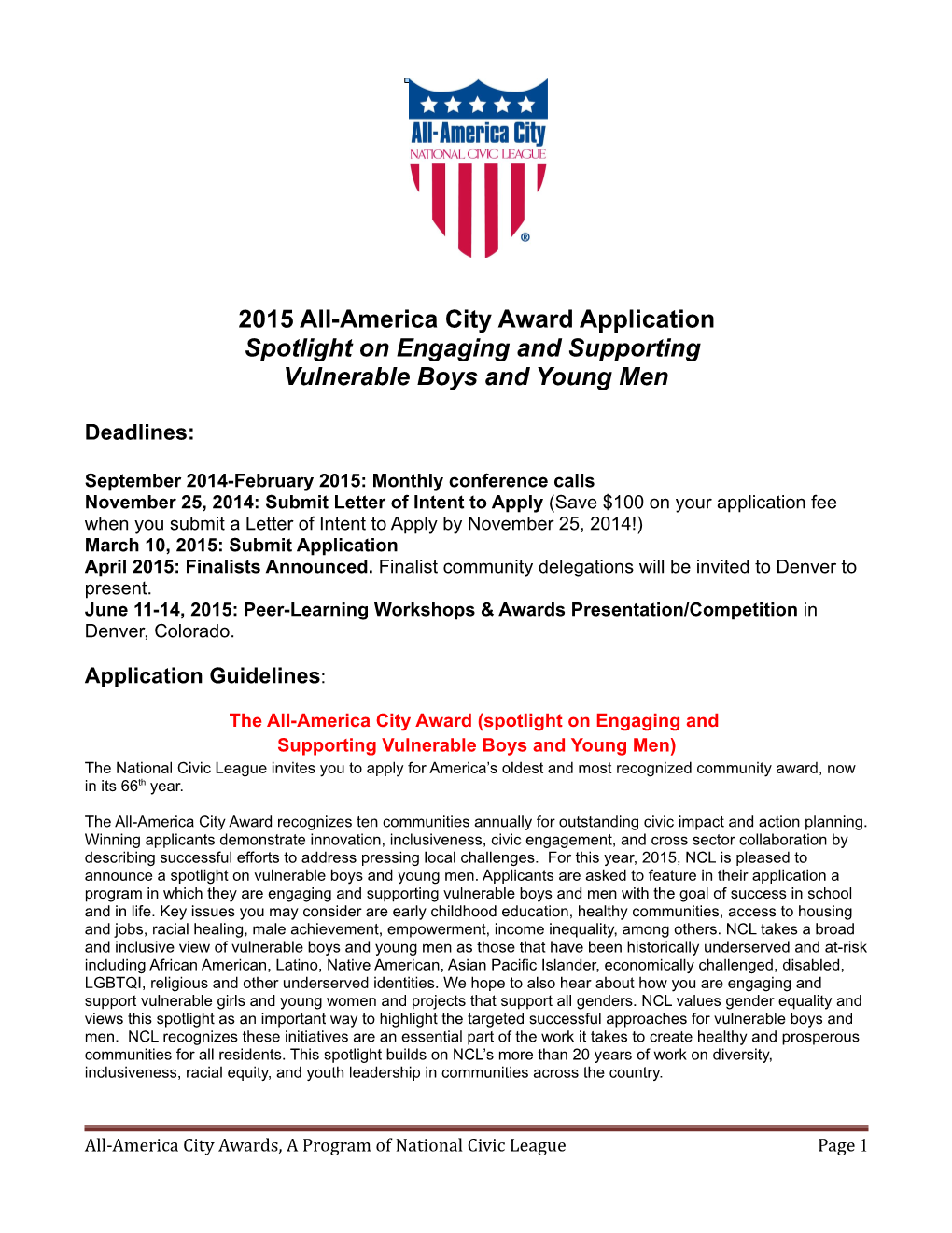 2015 All-America City Award Application Spotlight on Engaging and Supporting Vulnerable Boys and Young Men