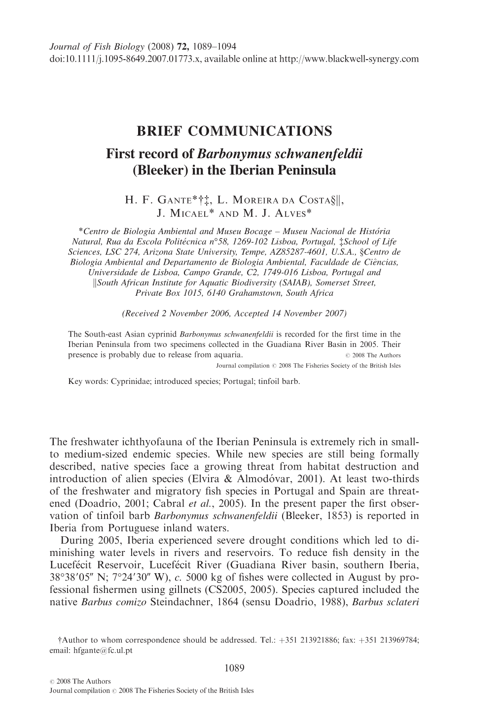 BRIEF COMMUNICATIONS First Record of Barbonymus Schwanenfeldii (Bleeker) in the Iberian Peninsula