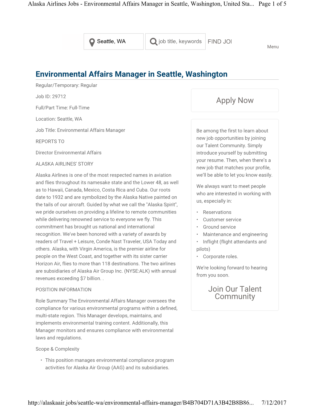 Environmental Affairs Manager in Seattle, Washington Join Our Talent