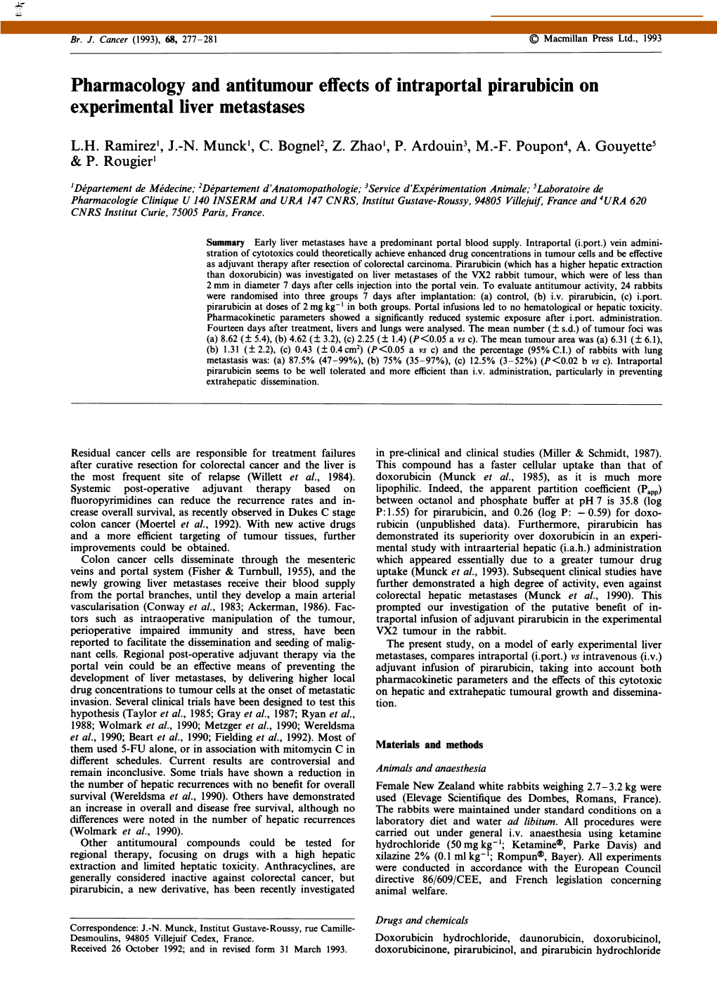 Pharmacology and Antitumour Effects of Intraportal Pirarubicin on Experimental Liver Metastases