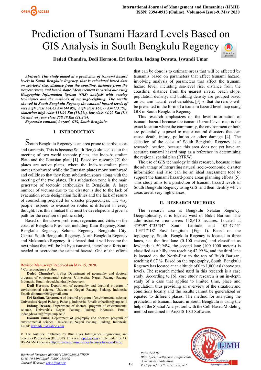 Prediction of Tsunami Hazard Levels Based on GIS Analysis in South Bengkulu Regency